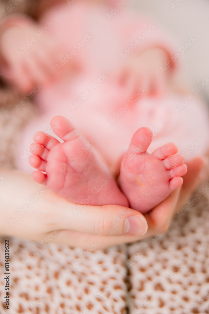 A mother holds her newborn infant baby daughter's feet in her hands. A mother holds her newborn infant baby daughter's feet in her hands.