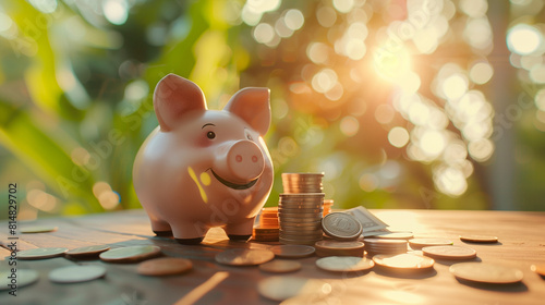 Piggy bank with coins and bills on a wooden table, a smiling pig beside it, a blurred background of nature in sunlight. photo