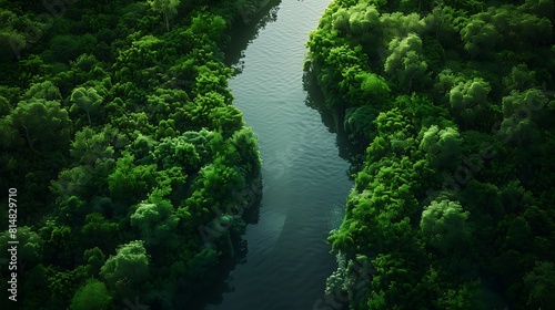 A tranquil river winding its way through a dense forest, its surface reflecting the canopy above