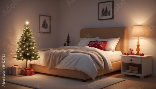 Illustrate a cozy bedroom with a miniature christm photo