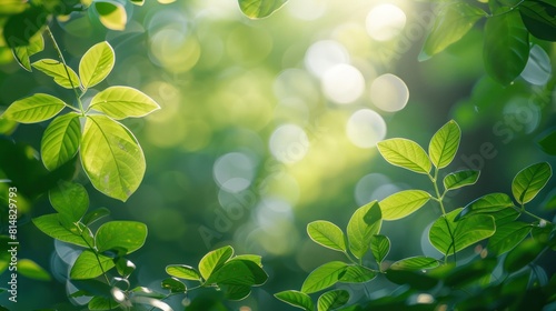 Blurred bokeh and soft light empty space is center, surrounded by light green leaves