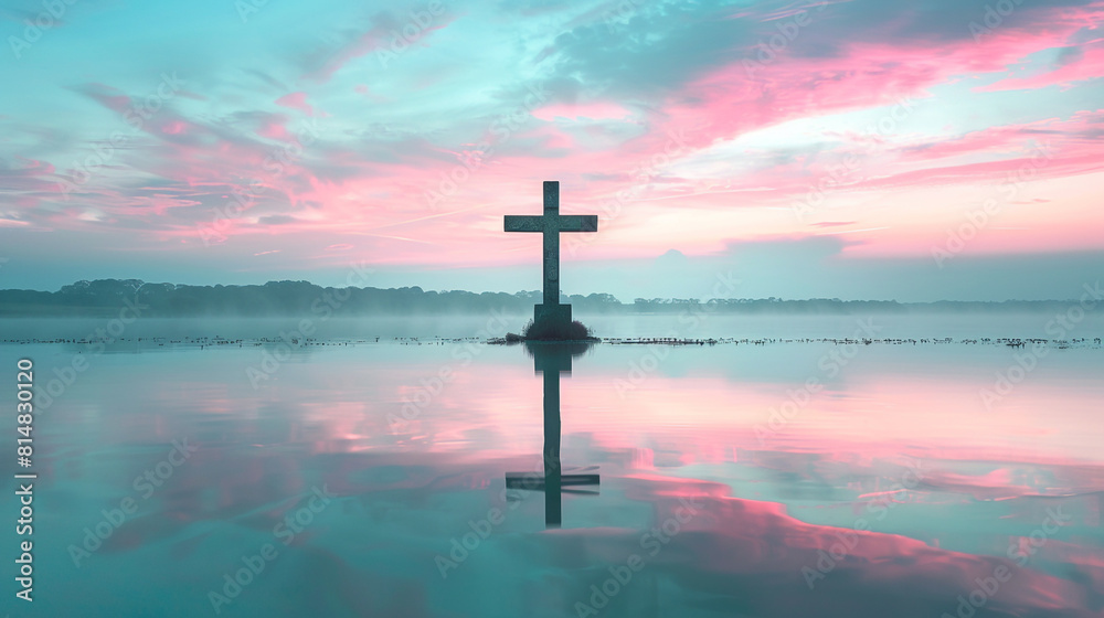 A Christian cross at the edge of a tranquil lake, with the early morning sky painted in soft pastel hues, reflecting off the water and framing the cross in a serene light. A Christian cross at the edge of a tranquil lake, with the early morning sky painted in soft pastel hues, reflecting off the water and framing the cross in a serene light.