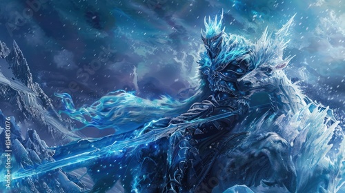 Frozen Demon Emperor with blue fire eyes in an ice warrior outfit, holding an ice sword, sitting on an ice ghost horse. with an army of demon horses behind them photo