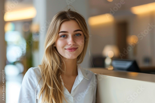 A young woman receptionist is standing with a bright cheerful smile radiating warmth and hospitality, Attractive young female receptionist standing in a luxurious hotel lobby,