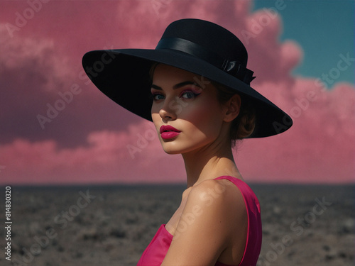 Elegant Woman in Pink Hat and Blazer
