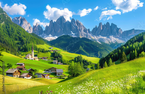 A picturesque landscape of the Dolomites in Italy  showcasing lush green meadows and charming villages nestled among majestic mountains under clear blue skies.