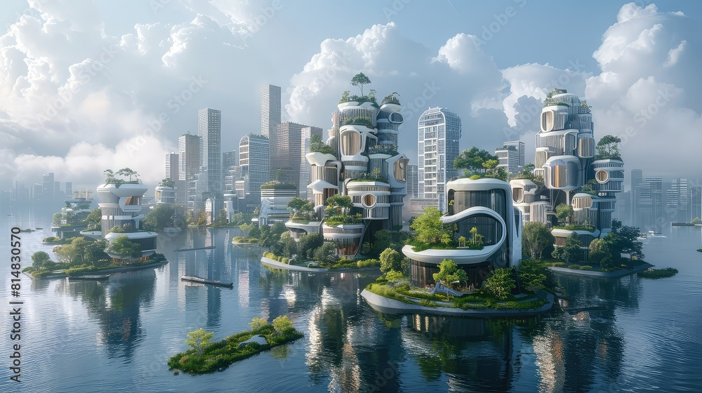 Fototapeta premium Cybernetic cityscape with floating buildings