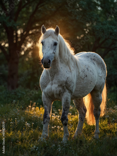 Majestic White Horse in Sunlit Pasture at Sunset © Melkoud