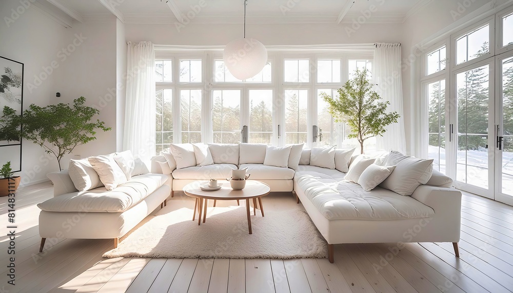 Bright, airy living room with a large white sectional sofa, natural light, and modern decor, featuring indoor plants and a wooden coffee table. Bright, airy living room with a large white sectional sofa, natural light, and modern decor, featuring indoor plants and a wooden coffee table.