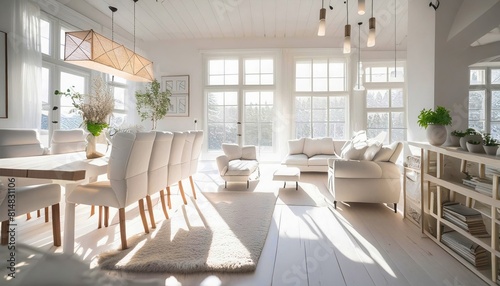 Bright  airy open-plan living and dining area with white furniture  large windows  natural light  and minimalist decor  creating a serene  modern space.