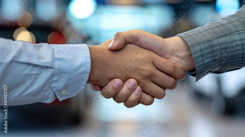 Hand of Salesman or Cheerful car dealer handshake with customer in modern car showroom,