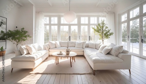 Bright  airy living room with a large white sectional sofa  natural light  and modern decor  featuring indoor plants and a wooden coffee table.