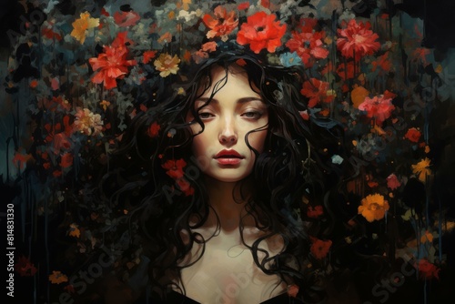 Captivating digital painting of a woman entwined with vibrant, dream-like flowers