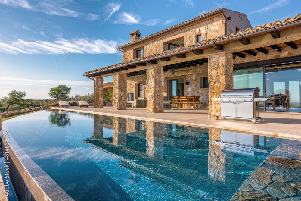 Picturesque landscape house with stone and stucco exterior, infinity-edge pool, stainless steel barbecue, full view.