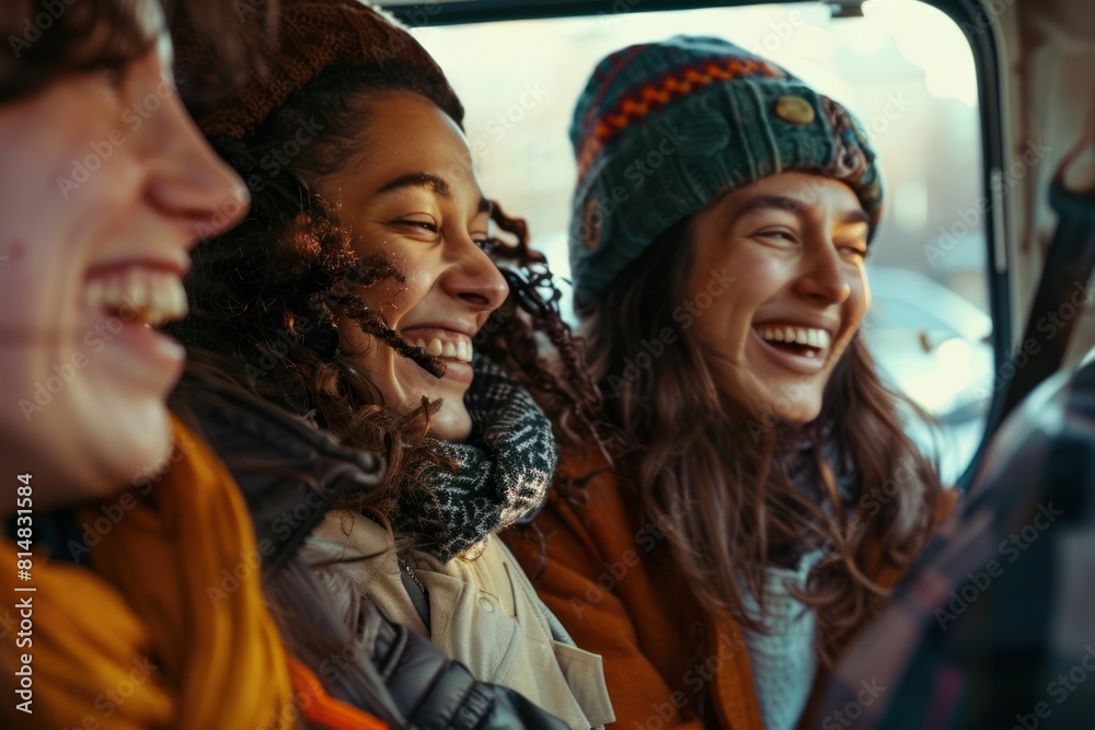 Real photo of Group of friends laughing and chatting in a taxi, capturing the essence of camaraderie and shared experiences Real photo of Group of friends laughing and chatting in a taxi, capturing the essence of camaraderie and shared experiences