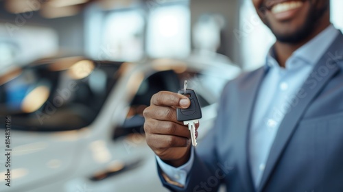 Salesman car dealer offering a car key to the customer in modern car showroom © Attasit