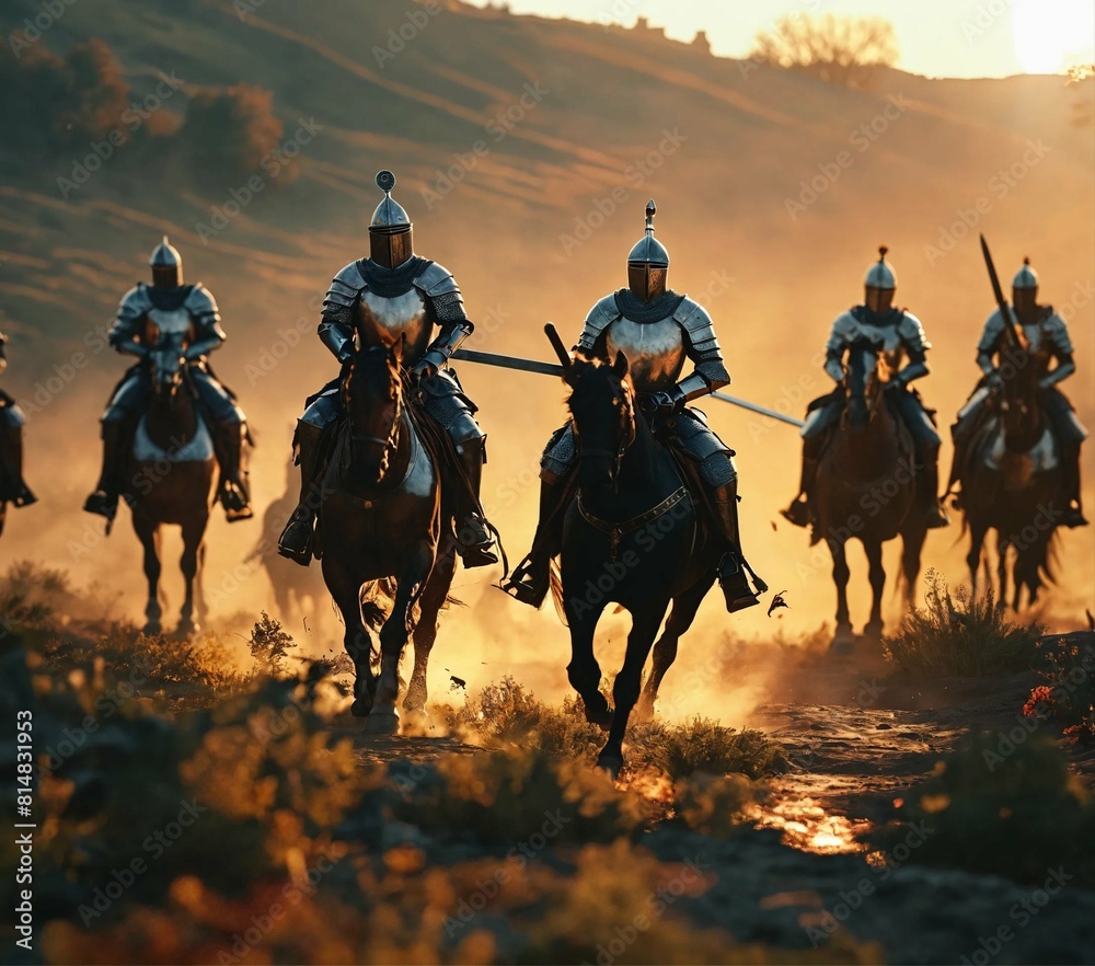Fototapeta premium A squad of medieval knights in armor, with spears and swords ride horseback in a desert area