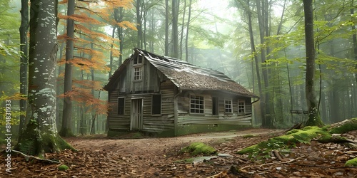 A Spooky Wooden House in an Eerie Forest Setting. Concept Halloween Photoshoot, Haunted House, Creepy Forest, Spooky Moments, Ghostly Vibes photo