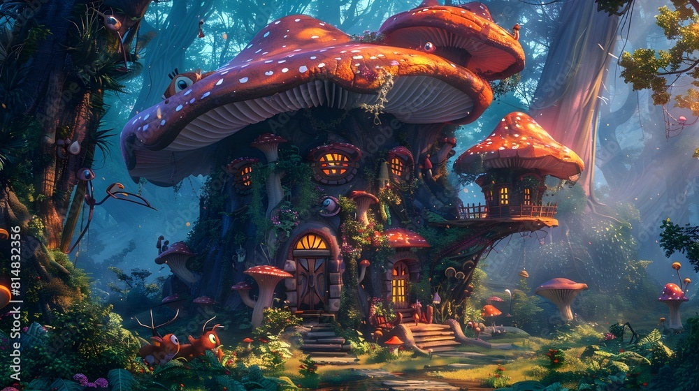 Fototapeta premium Whimsical Mushroom Inspired Fairy House Nestled in Enchanted Forest Landscape