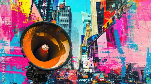 Vibrant collage art with loudspeaker and cityscape. Photomontage of street view background