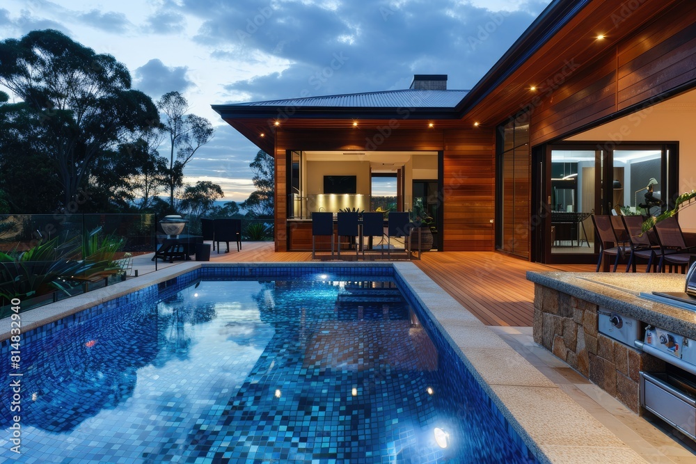 Twilight beauty suburban residence with timber-clad exterior, glass-tiled pool, stone barbecue, full view.
