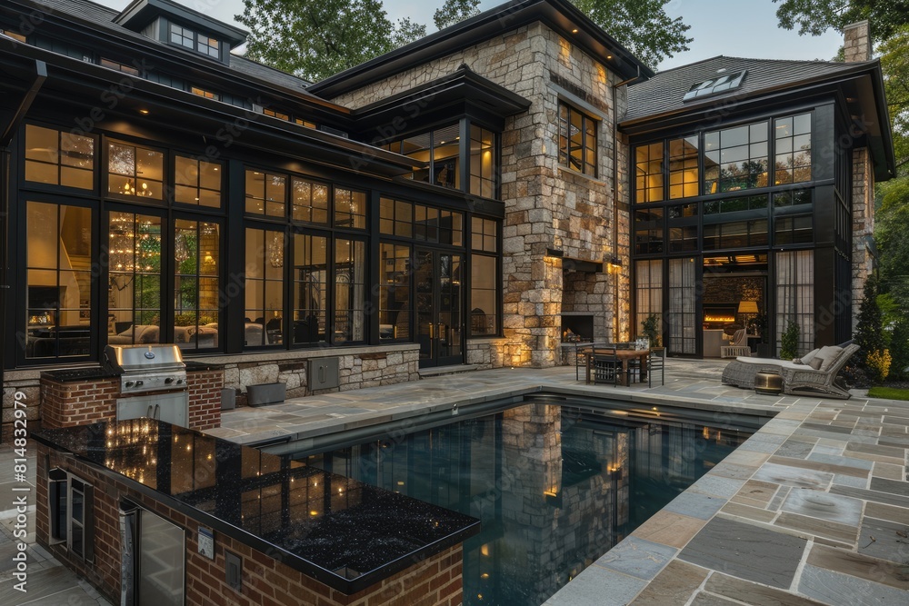 Twilight magic suburban dwelling with stone and glass exterior, black granite pool, brick barbecue, full view.