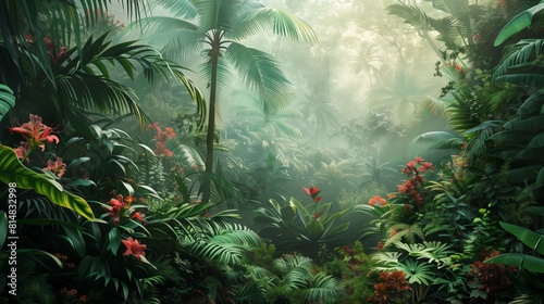 Dense tropical jungle with vibrant flowers and lush greenery