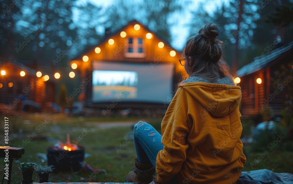 A woman is sitting in front of a house with a projector screen. She is wearing a yellow jacket and has her hair in a bun. The scene is set in a forest, and there is a fire nearby A woman is sitting in front of a house with a projector screen. She is wearing a yellow jacket and has her hair in a bun. The scene is set in a forest, and there is a fire nearby