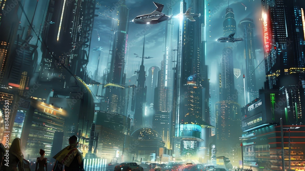 Futuristic cityscape: towering skyscrapers neon-lit streets bustling activity