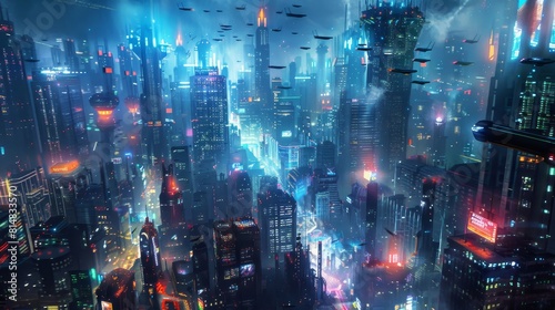 Futuristic cityscape: towering skyscrapers neon-lit streets bustling energy