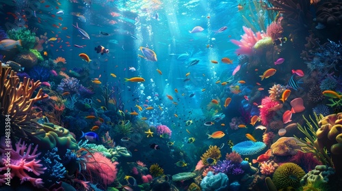 Surreal underwater world: exotic marine life vibrant coral reefs bioluminescent creatures