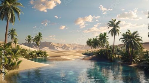 Surreal desert oasis: shimmering pools lush palm trees distant mirages