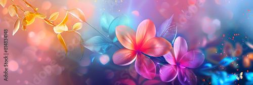 abstract floral background featuring a variety of colorful flowers, including yellow, pink, and blue blooms, with a blue fish in the foreground