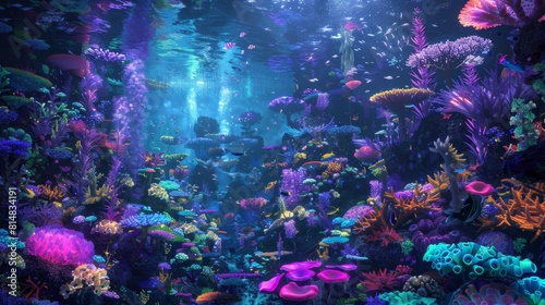 Exotic marine life and vibrant coral reefs bathed in soft glow of bioluminescent creatures surreal underwater world