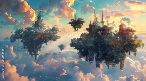 Floating islands with intricate structures and lush vegetation in colorful skies