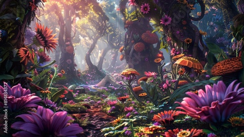 Fantastical forest with oversized flora and fauna in a magical realm