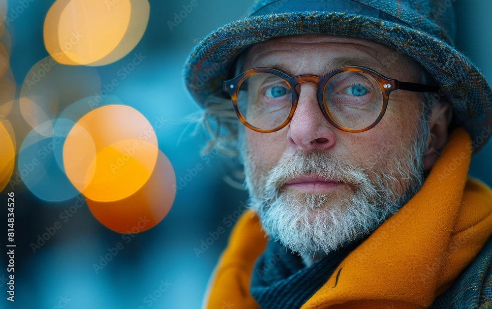 A man with glasses and a hat is standing in front of a blurry background. The man's face is the main focus of the image, and he is looking at the camera