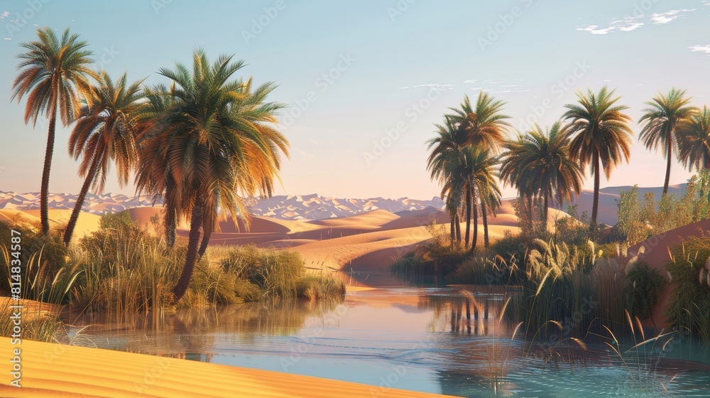 Shimmering pools and towering palm trees in a surreal desert oasis