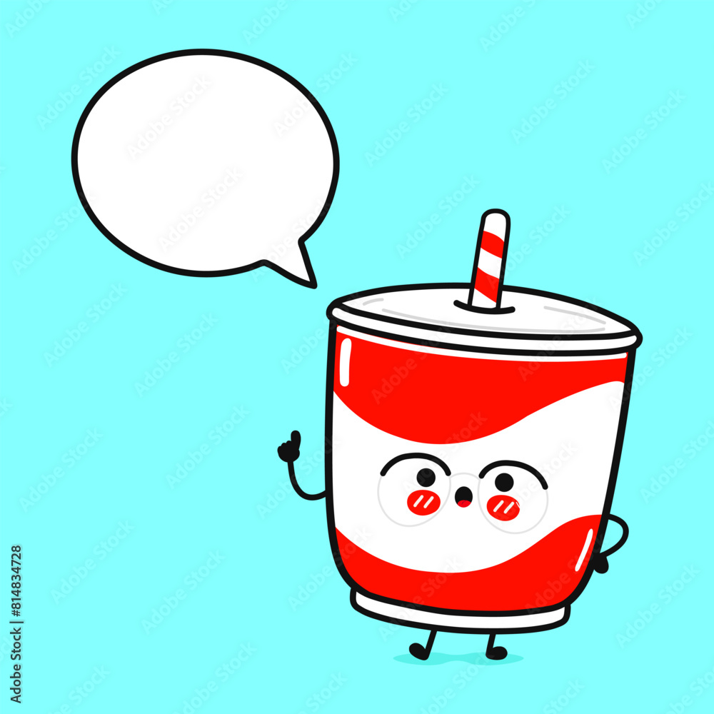 Cold drink with speech bubble. Vector hand drawn cartoon kawaii character illustration icon. Isolated on blue background. Cold drink character concept Cold drink with speech bubble. Vector hand drawn cartoon kawaii character illustration icon. Isolated on blue background. Cold drink character concept