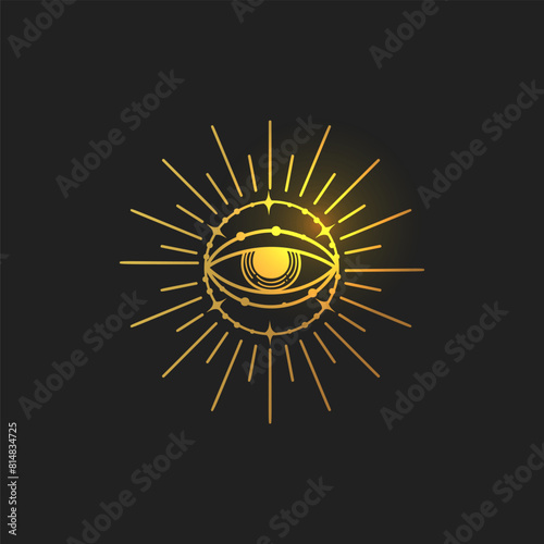 Eye vector illustration, hand drawn third eye celestial boho line art logo, mystic moon tattoo elements for decoration