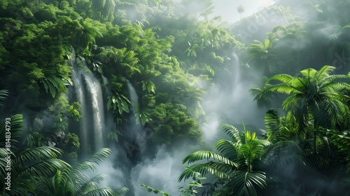 Misty tropical jungle with thick foliage  winding vines  and a waterfall in the background