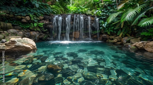 Serene waterfall in a lush tropical forest with vibrant foliage