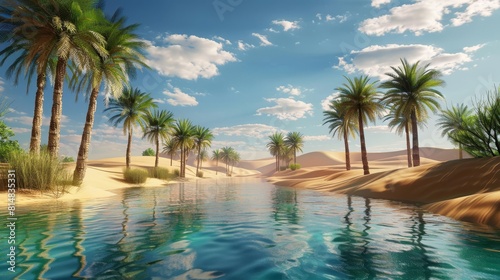 Surreal desert oasis with shimmering pools and palm trees