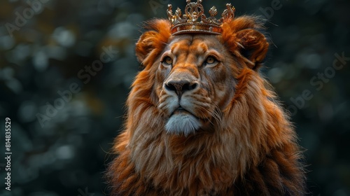 Majestic lion with a golden crown gazing in a serene forest setting