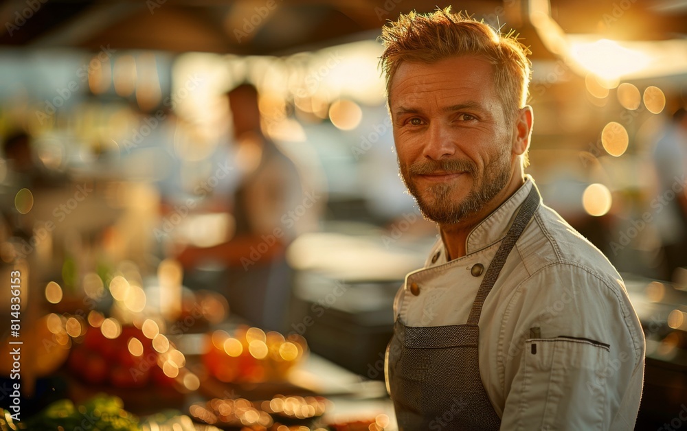 A man with a chef's hat and apron is smiling at the camera. He is standing in front of a table with various food items, including a bowl of tomatoes A man with a chef's hat and apron is smiling at the camera. He is standing in front of a table with various food items, including a bowl of tomatoes