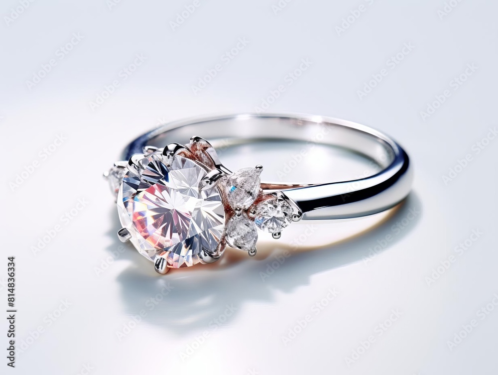 An engagement ring with a large center diamond and six smaller diamonds on either side. An engagement ring with a large center diamond and six smaller diamonds on either side.
