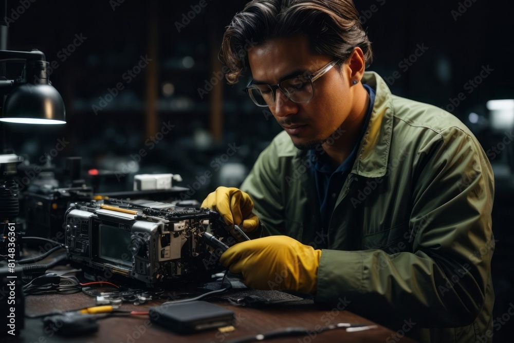 male technician repairs broken smartphone meticulously dark background male technician repairs broken smartphone meticulously dark background