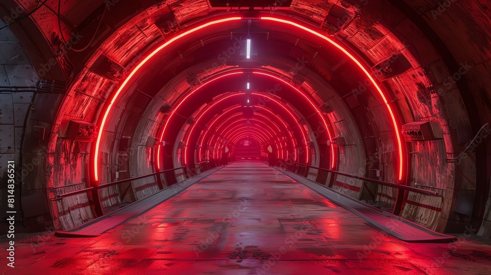 Fototapeta premium A long, dark tunnel with red lights on the walls and floor.