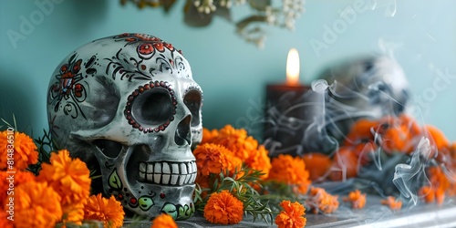 Softfocused Mexican Day of the Dead altar with sugar skulls and marigolds. Concept Day of the Dead Decoration, Mexican Altar, Sugar Skulls, Marigolds, Soft Focus photo