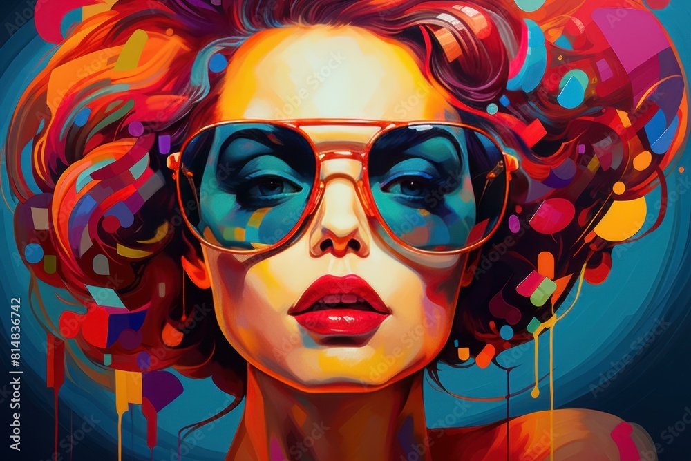 Digital illustration of a woman with colorful hair and oversized sunglasses in a pop art style Digital illustration of a woman with colorful hair and oversized sunglasses in a pop art style